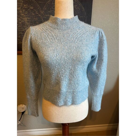 Rebecca Taylor Optic Tweed Balloon Sleeve Blue White Pullover Sweater Size Small - Picture 1 of 16